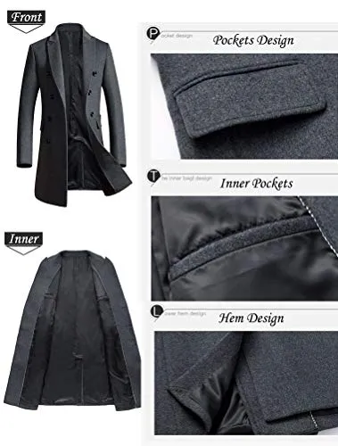 Mordenmiss Men's Premium Double Breasted Woolen Pea Coat Notched Collar Overcoat Dark Gray XL