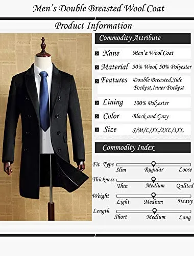 Mordenmiss Men's Premium Double Breasted Woolen Pea Coat Notched Collar Overcoat Dark Gray XL