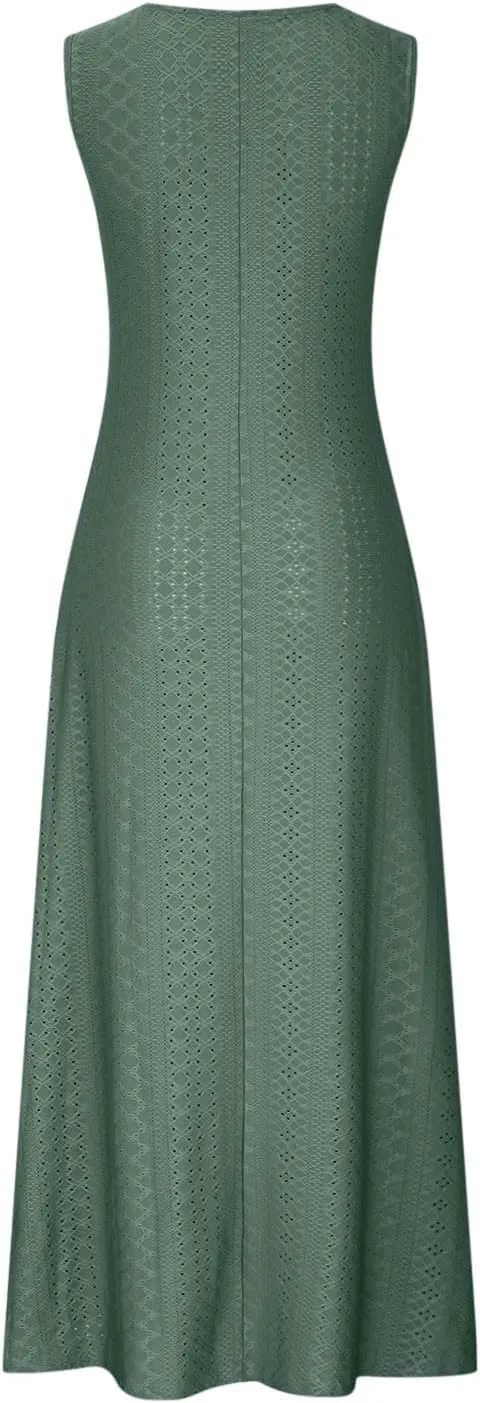 Mzkdieey Women's Summer Eyelet Embroidery Maxi Dress Casual V-Neck Sleeveless Bohemian Beach Dress Plus Size Loose Sundress