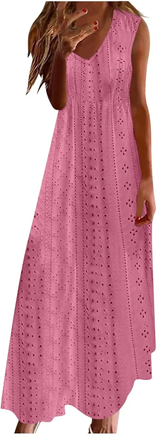 Mzkdieey Women's Summer Eyelet Embroidery Maxi Dress Casual V-Neck Sleeveless Bohemian Beach Dress Plus Size Loose Sundress
