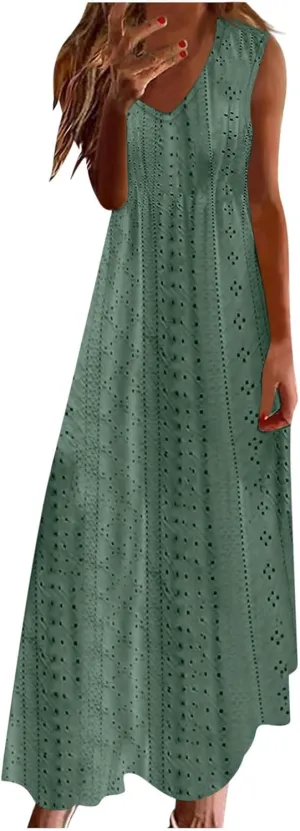 Mzkdieey Women's Summer Eyelet Embroidery Maxi Dress Casual V-Neck Sleeveless Bohemian Beach Dress Plus Size Loose Sundress