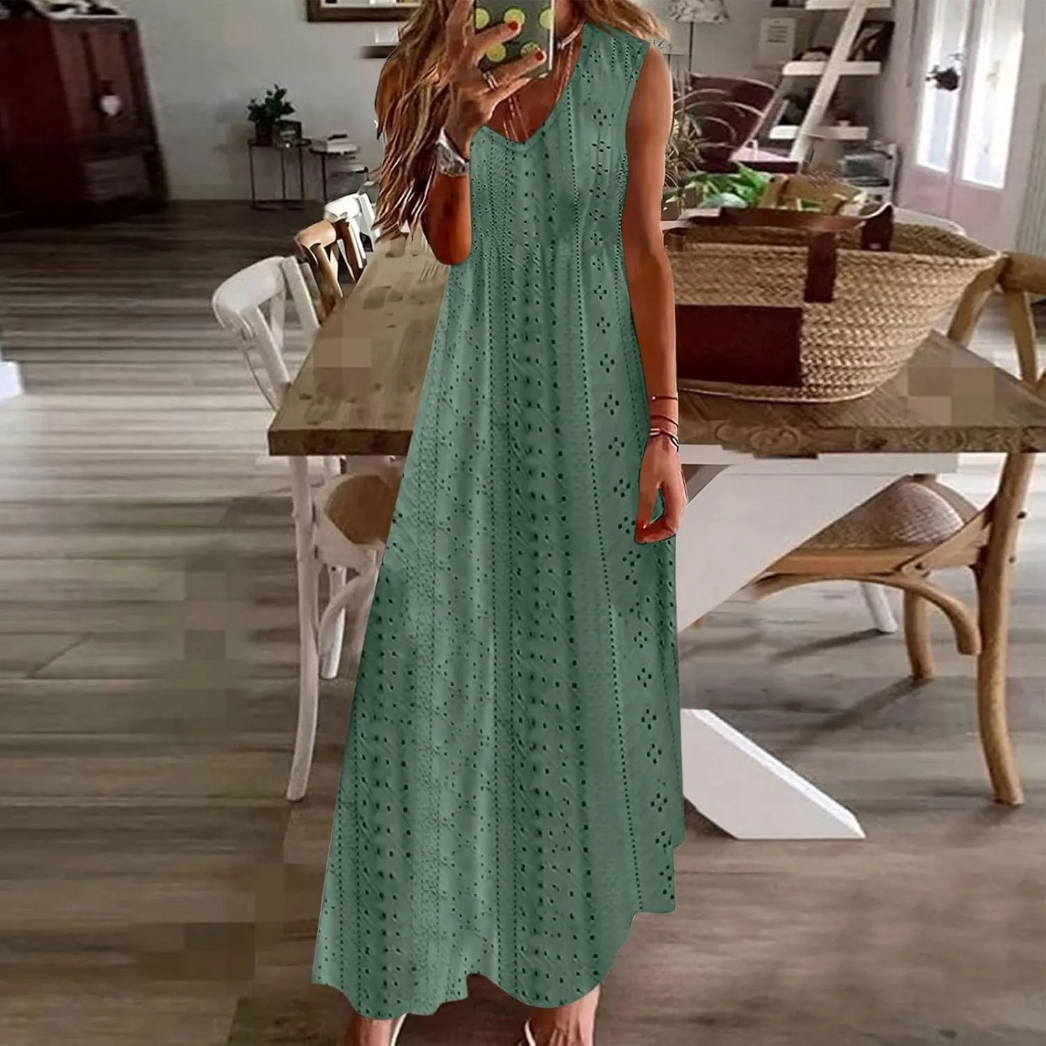 Mzkdieey Women's Summer Eyelet Embroidery Maxi Dress Casual V-Neck Sleeveless Bohemian Beach Dress Plus Size Loose Sundress