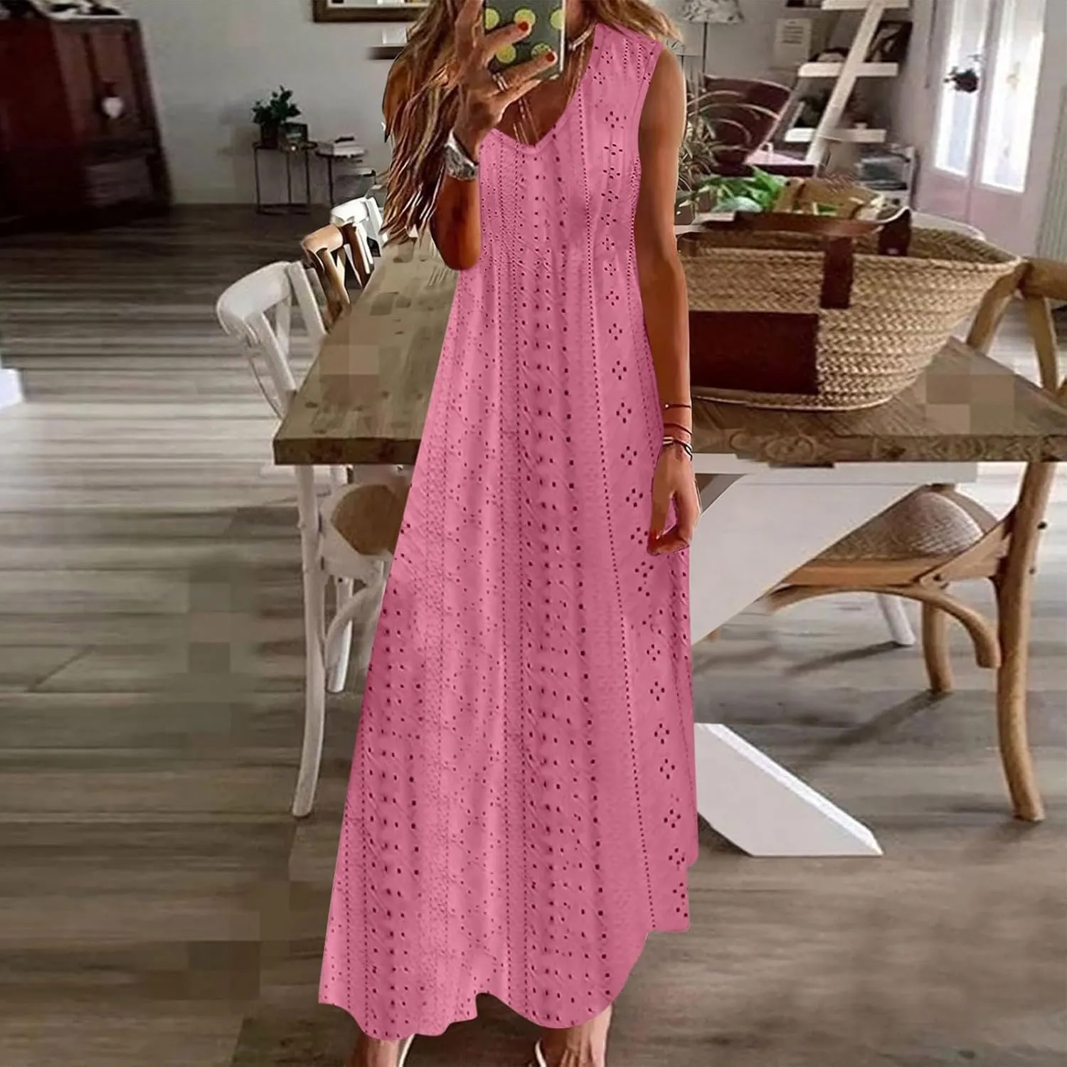 Mzkdieey Women's Summer Eyelet Embroidery Maxi Dress Casual V-Neck Sleeveless Bohemian Beach Dress Plus Size Loose Sundress