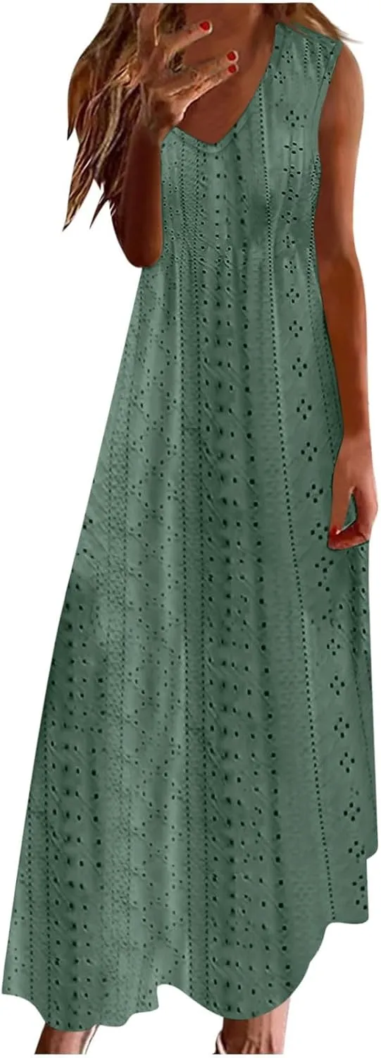 Mzkdieey Women's Summer Eyelet Embroidery Maxi Dress Casual V-Neck Sleeveless Bohemian Beach Dress Plus Size Loose Sundress