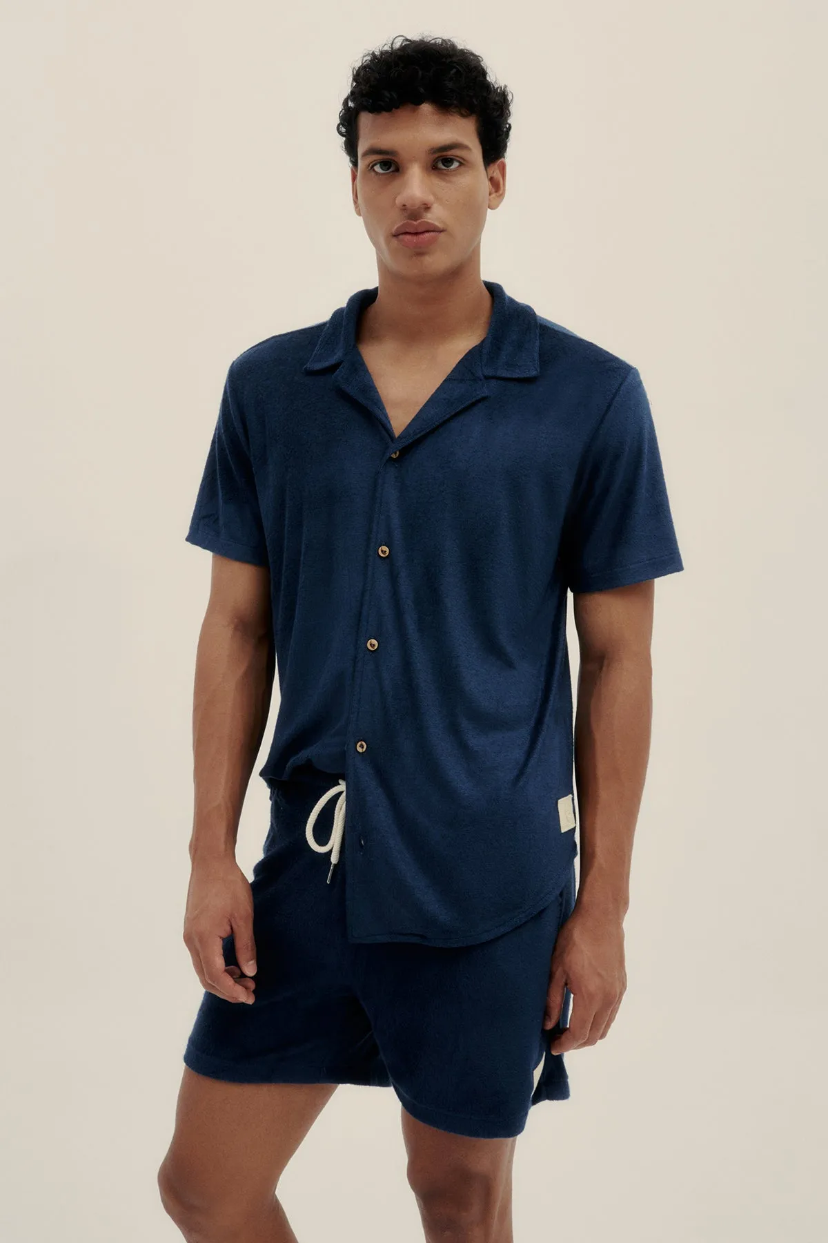Navy Terry Camp-Collar Shirt
