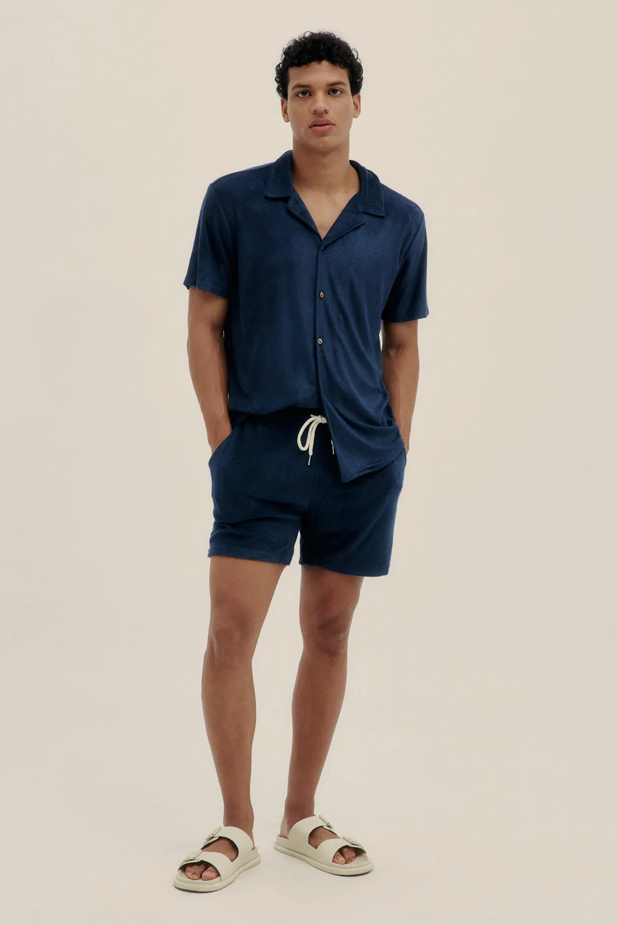 Navy Terry Camp-Collar Shirt