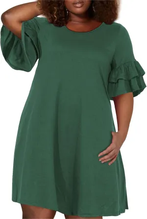Nemidor Plus Size Casual Dresses for Curvy Women Summer Ruffle Sleeve T-Shirt Swing Mini Dress with Pocket 14-26