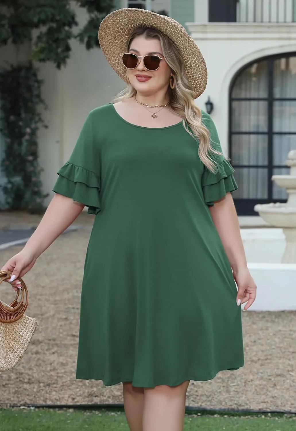 Nemidor Plus Size Casual Dresses for Curvy Women Summer Ruffle Sleeve T-Shirt Swing Mini Dress with Pocket 14-26