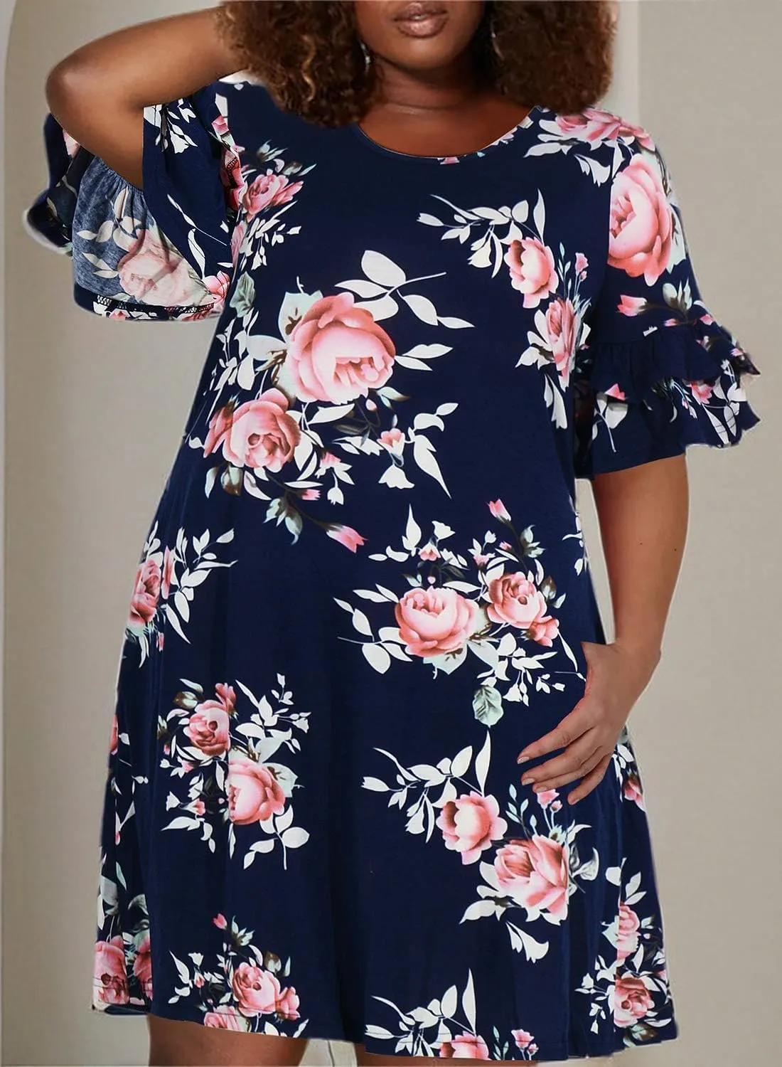 Nemidor Plus Size Casual Dresses for Curvy Women Summer Ruffle Sleeve T-Shirt Swing Mini Dress with Pocket 14-26