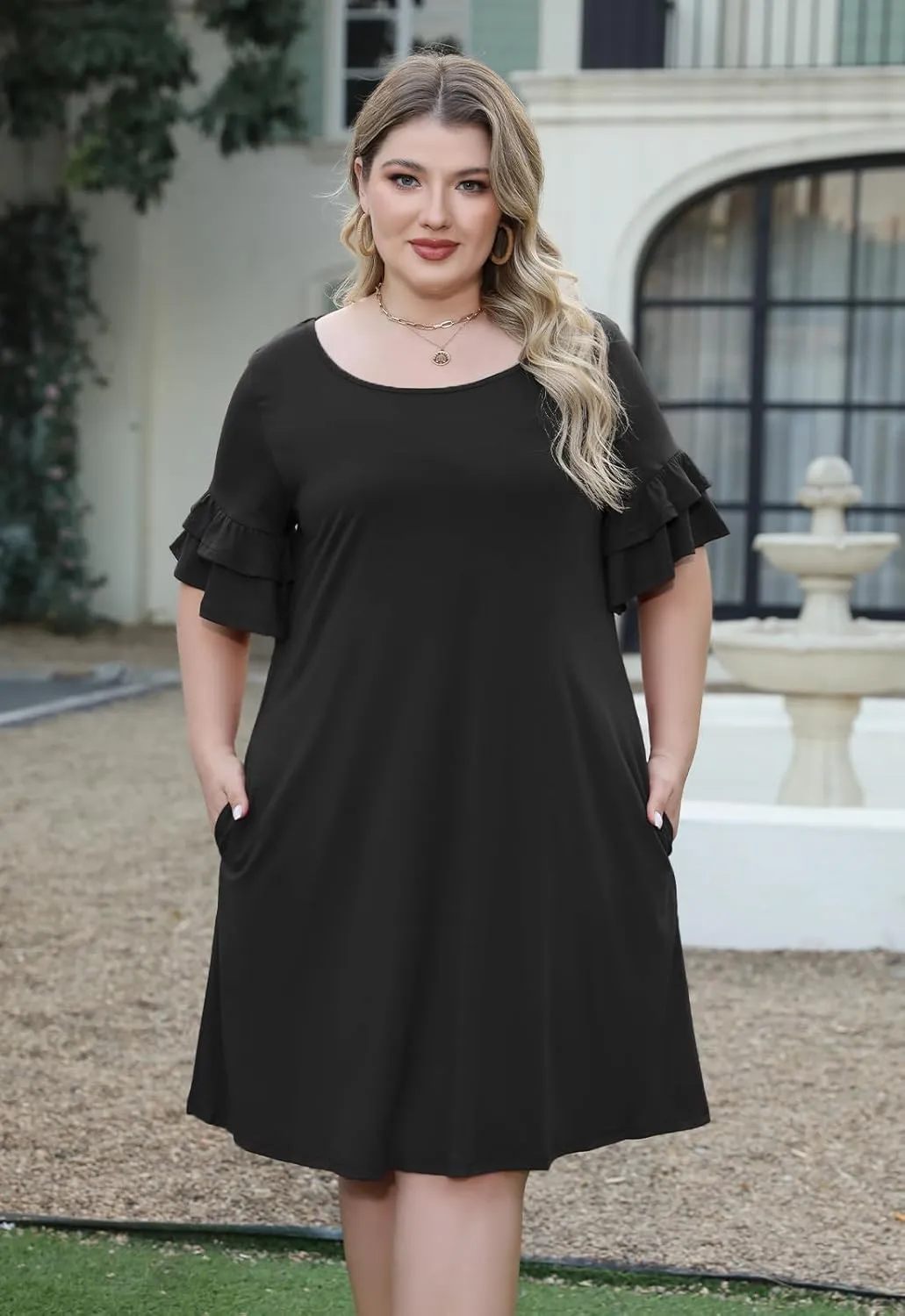 Nemidor Plus Size Casual Dresses for Curvy Women Summer Ruffle Sleeve T-Shirt Swing Mini Dress with Pocket 14-26