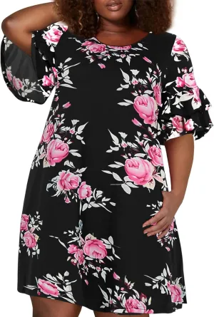 Nemidor Plus Size Casual Dresses for Curvy Women Summer Ruffle Sleeve T-Shirt Swing Mini Dress with Pocket 14-26
