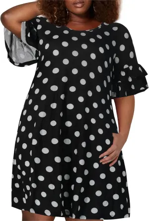 Nemidor Plus Size Casual Dresses for Curvy Women Summer Ruffle Sleeve T-Shirt Swing Mini Dress with Pocket 14-26