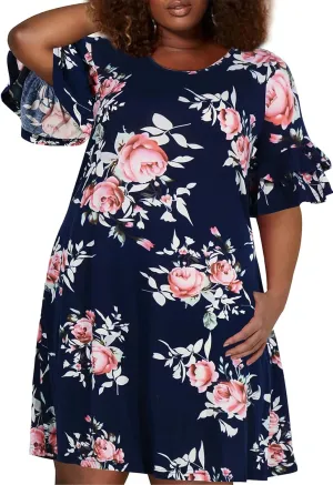 Nemidor Plus Size Casual Dresses for Curvy Women Summer Ruffle Sleeve T-Shirt Swing Mini Dress with Pocket 14-26