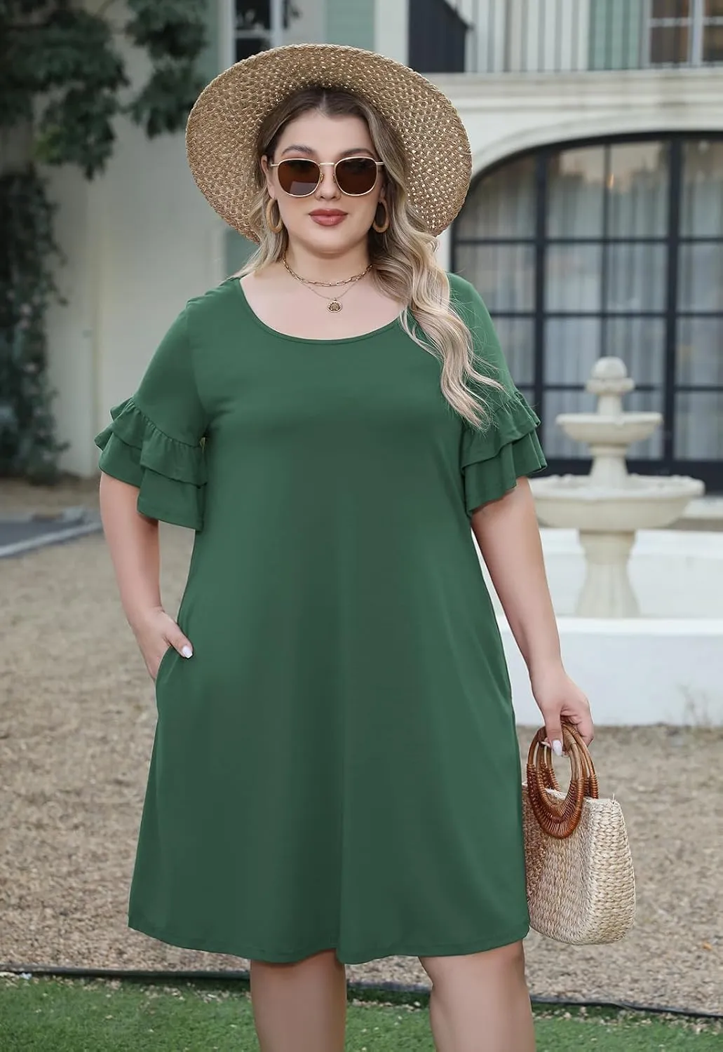 Nemidor Plus Size Casual Dresses for Curvy Women Summer Ruffle Sleeve T-Shirt Swing Mini Dress with Pocket 14-26