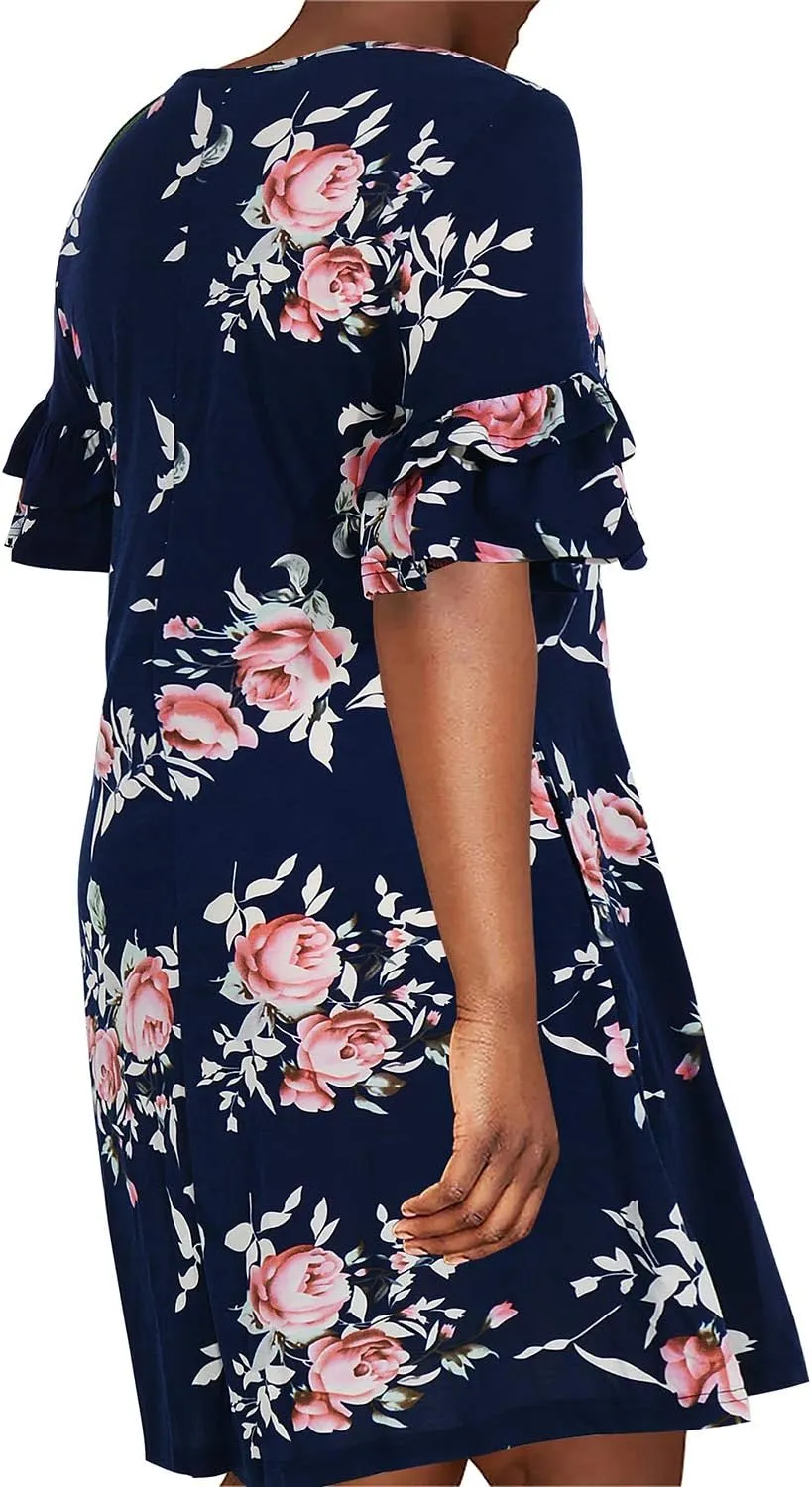 Nemidor Plus Size Casual Dresses for Curvy Women Summer Ruffle Sleeve T-Shirt Swing Mini Dress with Pocket 14-26