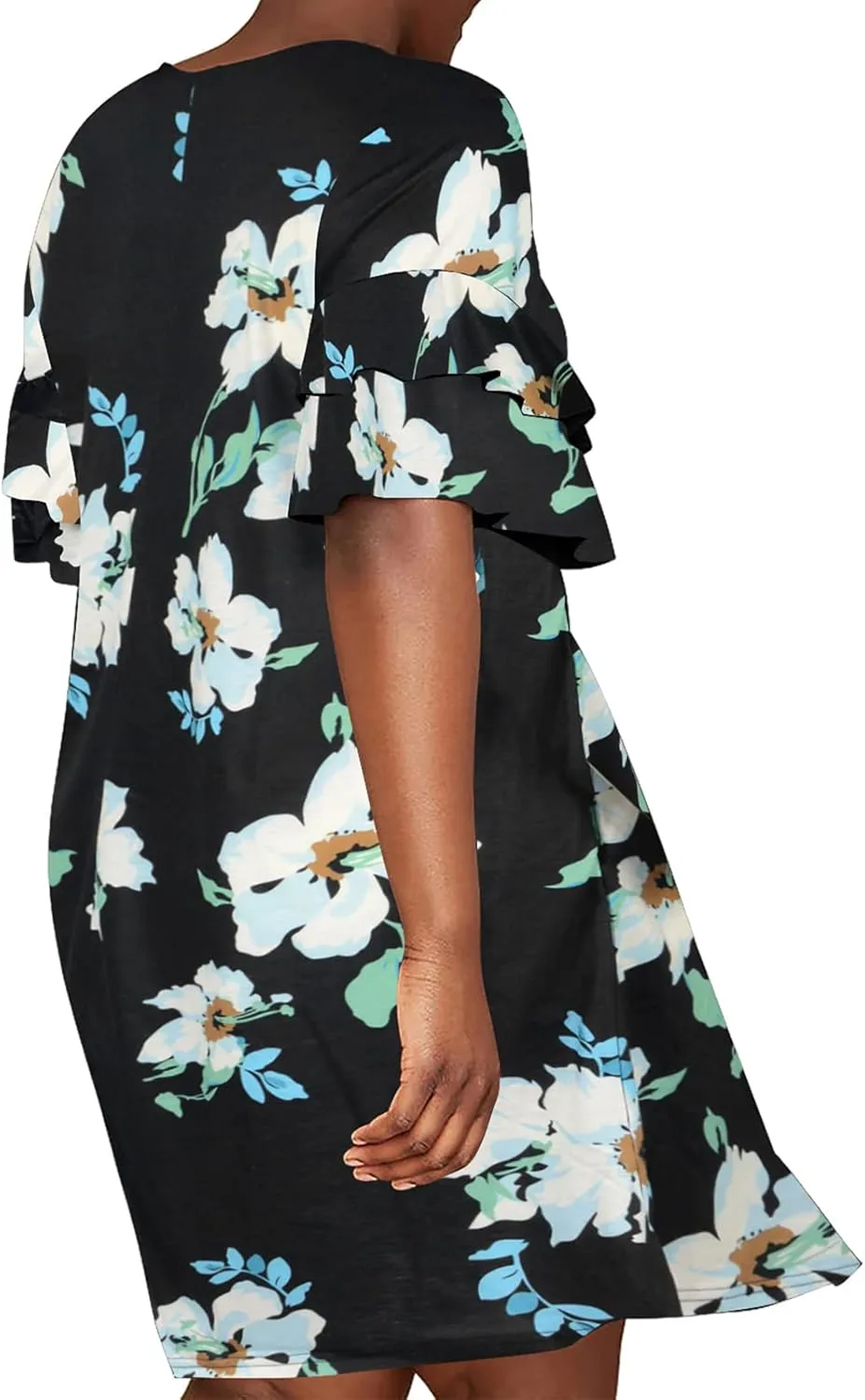 Nemidor Plus Size Casual Dresses for Curvy Women Summer Ruffle Sleeve T-Shirt Swing Mini Dress with Pocket 14-26