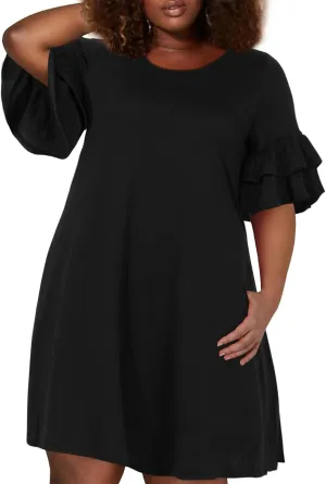 Nemidor Plus Size Casual Dresses for Curvy Women Summer Ruffle Sleeve T-Shirt Swing Mini Dress with Pocket 14-26