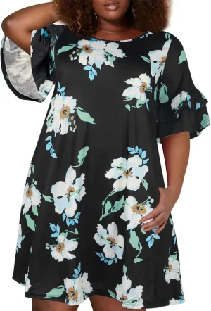 Nemidor Plus Size Casual Dresses for Curvy Women Summer Ruffle Sleeve T-Shirt Swing Mini Dress with Pocket 14-26
