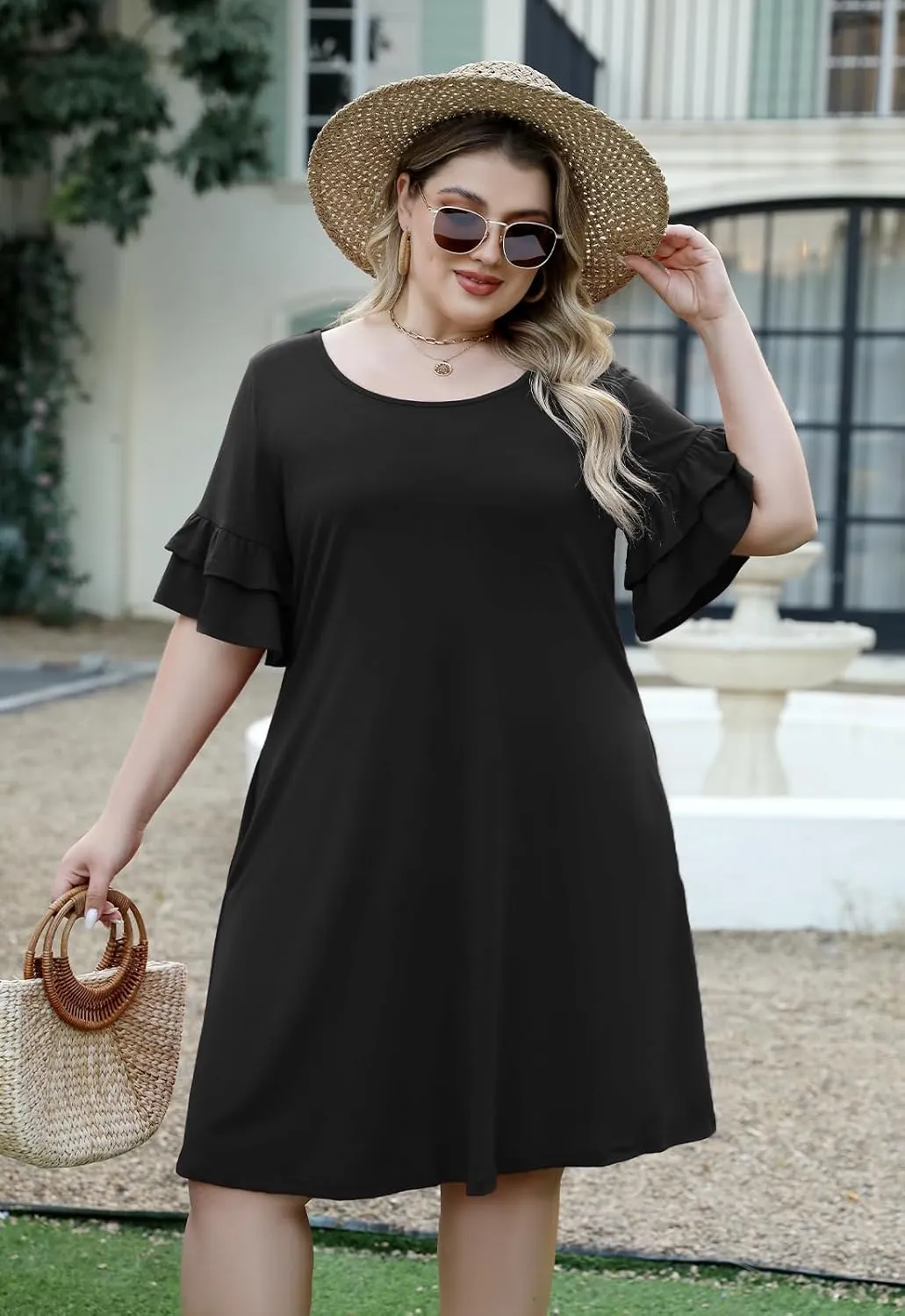 Nemidor Plus Size Casual Dresses for Curvy Women Summer Ruffle Sleeve T-Shirt Swing Mini Dress with Pocket 14-26