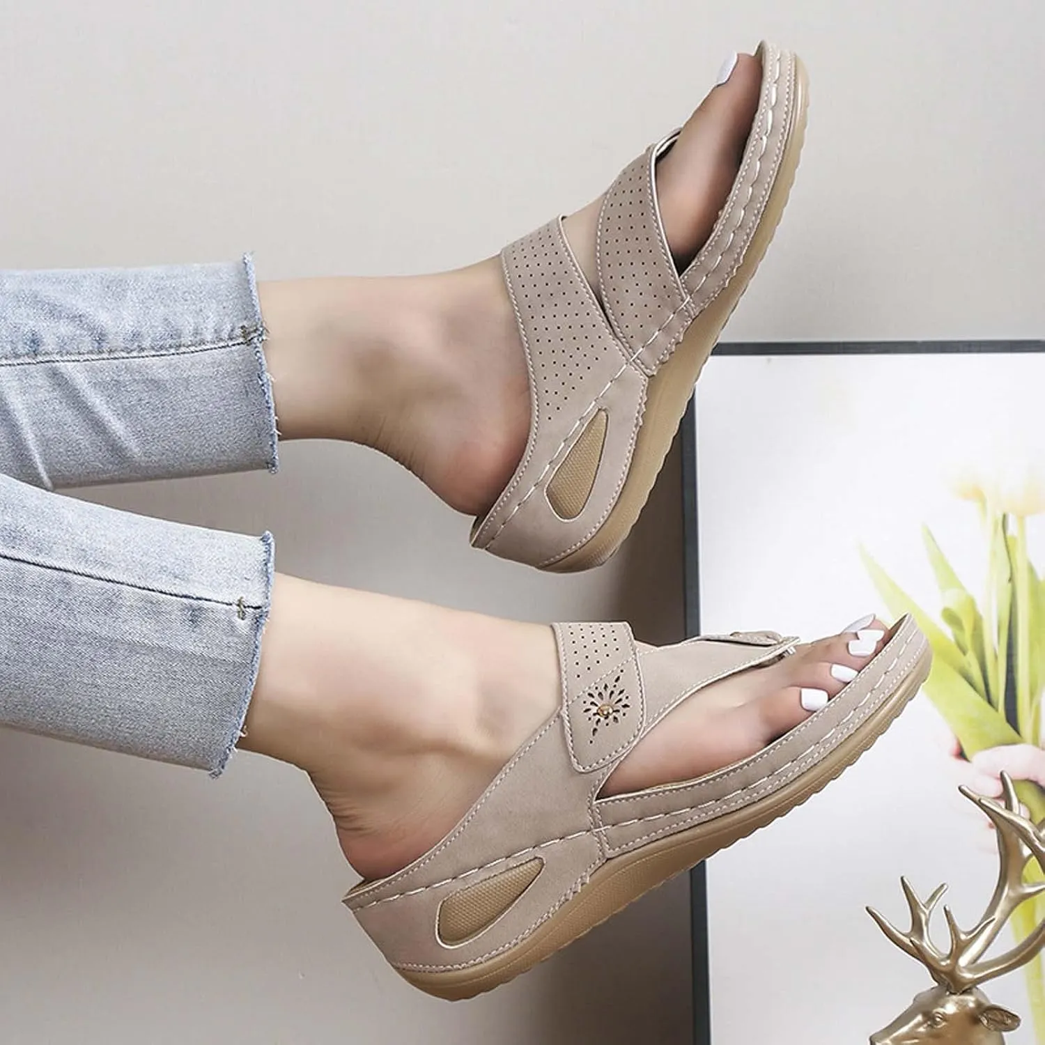 oiangi Wedge Sandals for Women 2023 Summer Slip on Orthopedic Sandals with Arch Support Thong Straps Clip Toe Flip Flops Comfortable Ladies Casual Shoes