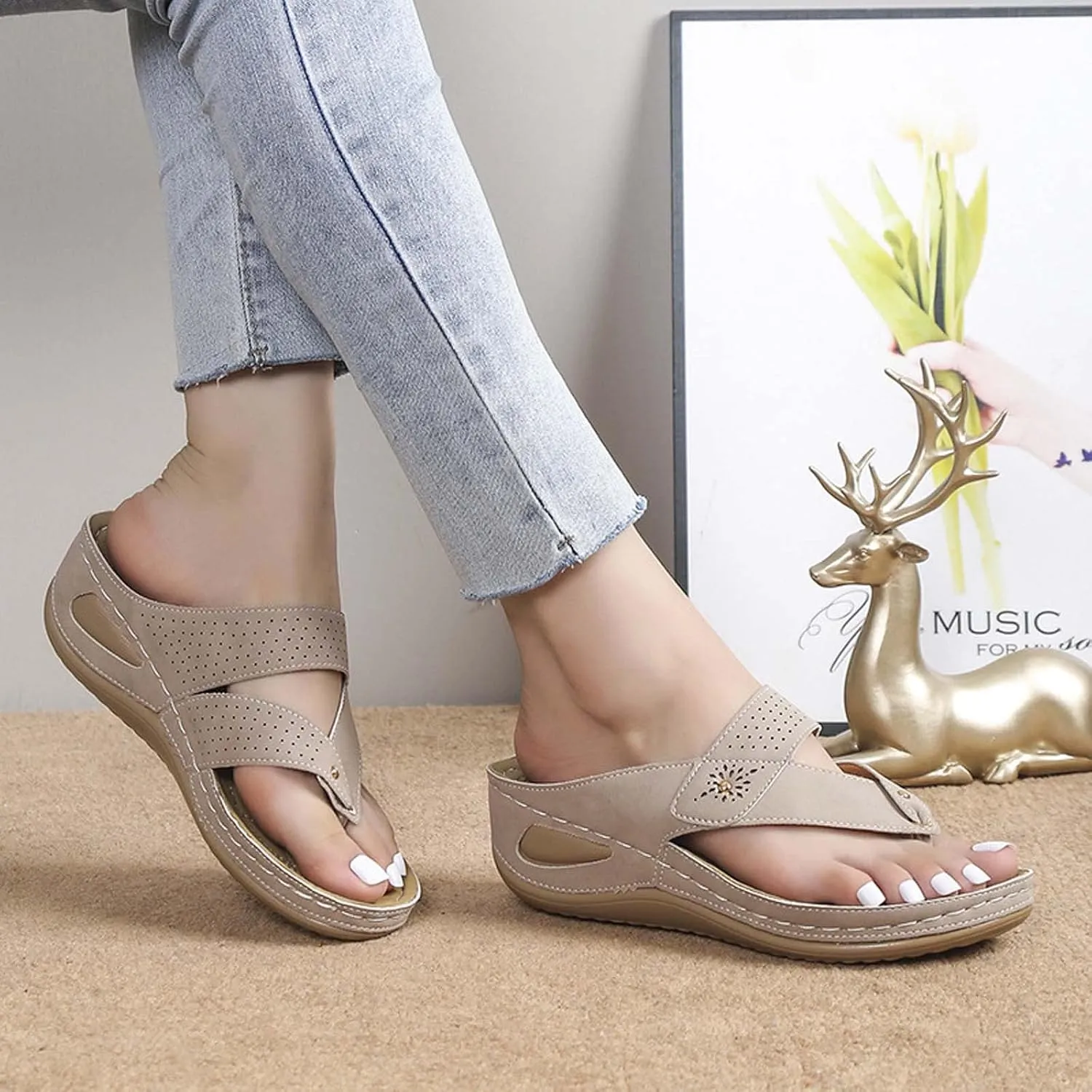 oiangi Wedge Sandals for Women 2023 Summer Slip on Orthopedic Sandals with Arch Support Thong Straps Clip Toe Flip Flops Comfortable Ladies Casual Shoes