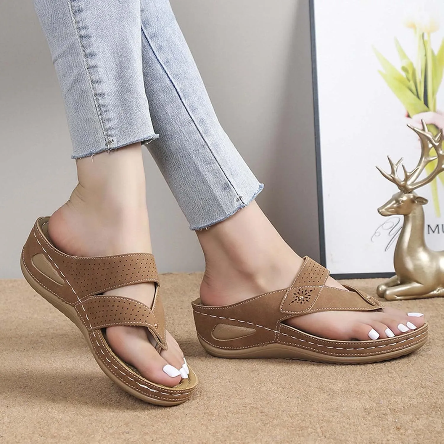 oiangi Wedge Sandals for Women 2023 Summer Slip on Orthopedic Sandals with Arch Support Thong Straps Clip Toe Flip Flops Comfortable Ladies Casual Shoes