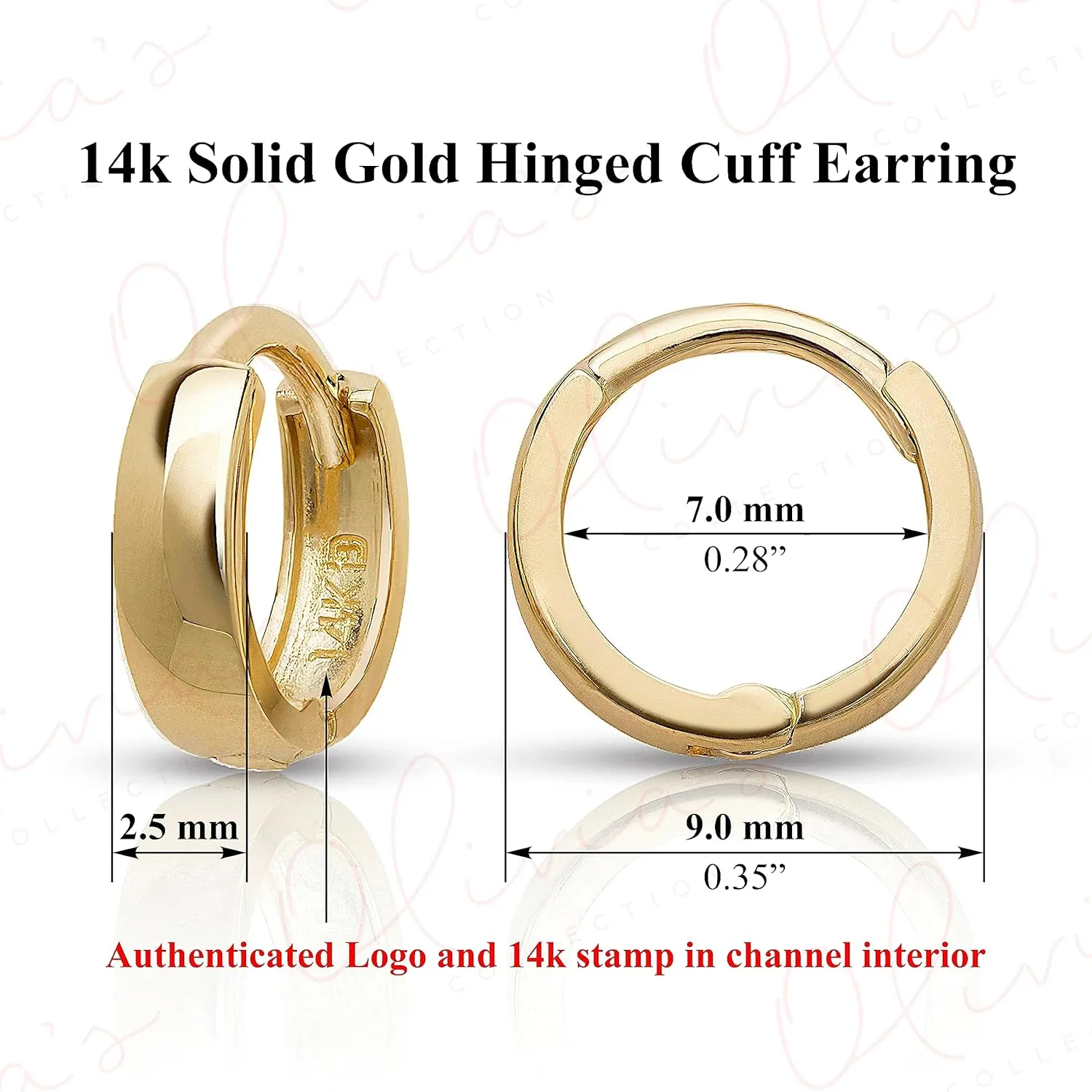 Olivia's Collection 14k White or Yellow Solid Gold Mini Snug Ear-Cuffs or Huggie Earrings (7.0-13.5x3.5mm), Multiple Piercing to the Lobe, Upper-Lobe, Helix, 3rd or 4th Holes for a Woman, Man, Teens.