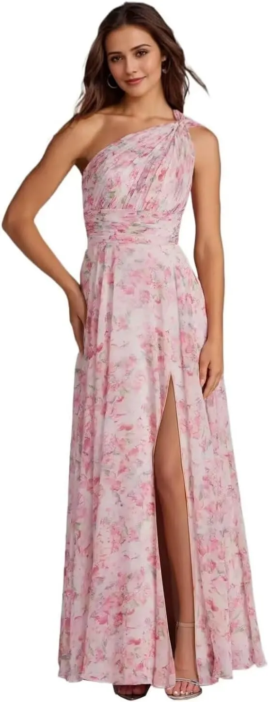 One Shoulder Bridesmaid Dresses Long Prom Dress with Slit Ruched Chiffon Evening Party Dress with Pockets