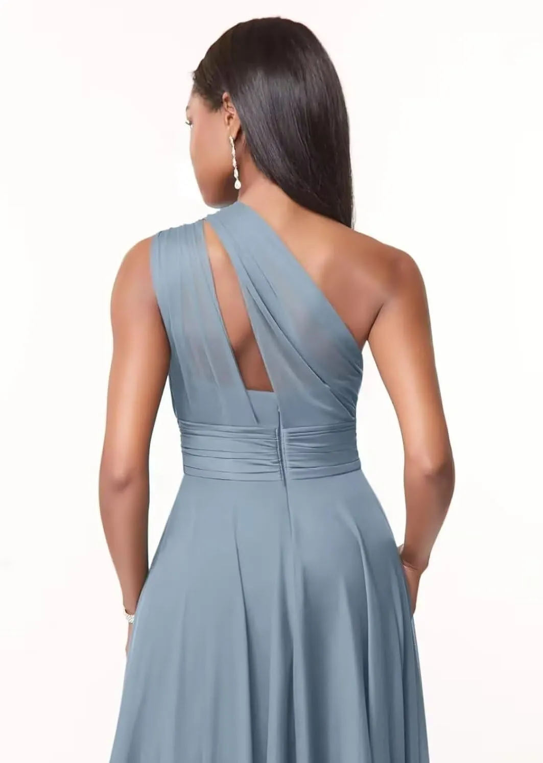 One Shoulder Bridesmaid Dresses Long Prom Dress with Slit Ruched Chiffon Evening Party Dress with Pockets