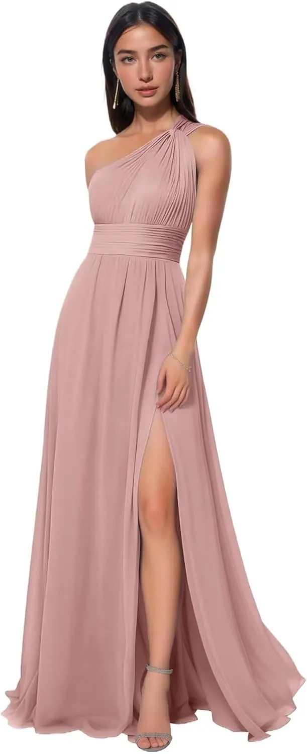 One Shoulder Bridesmaid Dresses Long Prom Dress with Slit Ruched Chiffon Evening Party Dress with Pockets