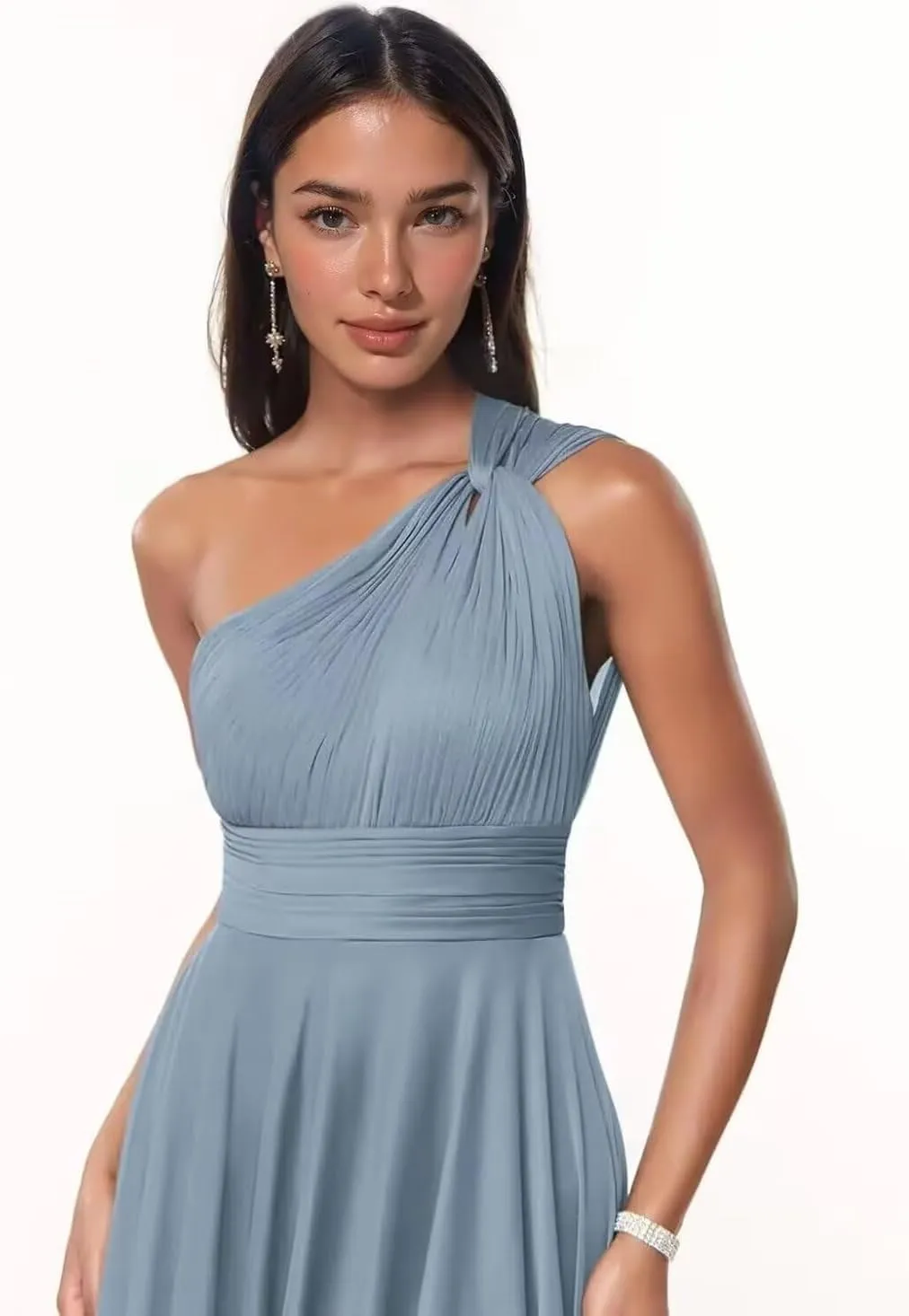 One Shoulder Bridesmaid Dresses Long Prom Dress with Slit Ruched Chiffon Evening Party Dress with Pockets