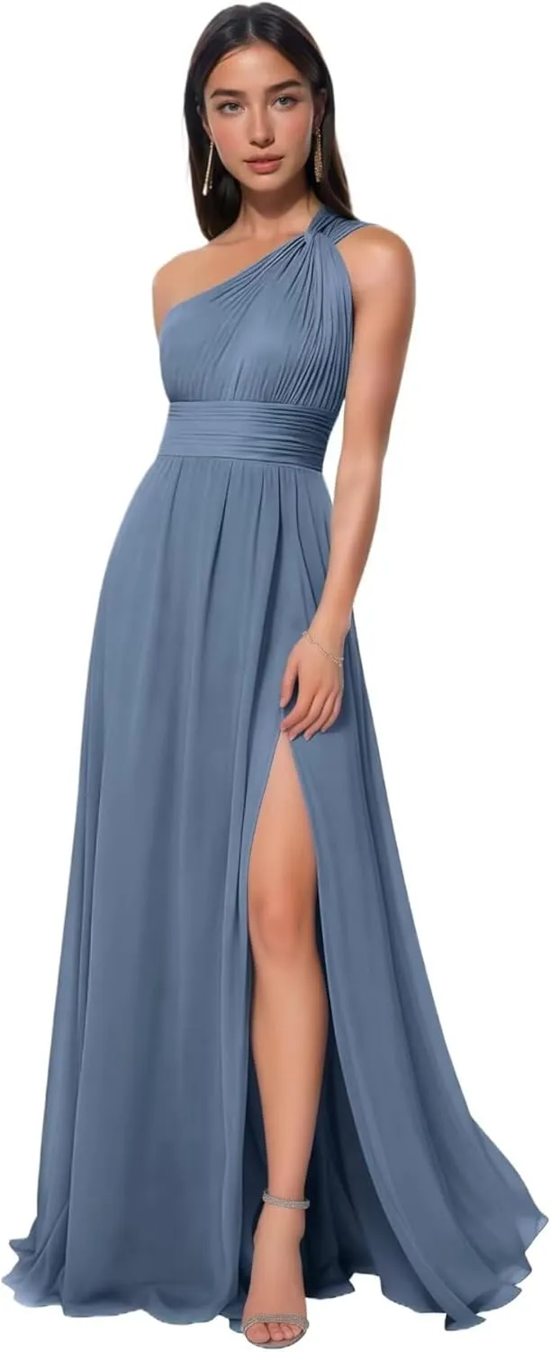 One Shoulder Bridesmaid Dresses Long Prom Dress with Slit Ruched Chiffon Evening Party Dress with Pockets