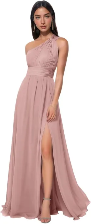 One Shoulder Bridesmaid Dresses Long Prom Dress with Slit Ruched Chiffon Evening Party Dress with Pockets