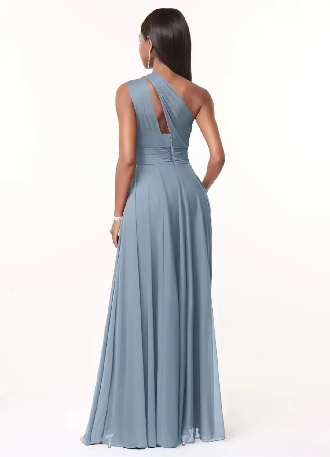 One Shoulder Bridesmaid Dresses Long Prom Dress with Slit Ruched Chiffon Evening Party Dress with Pockets