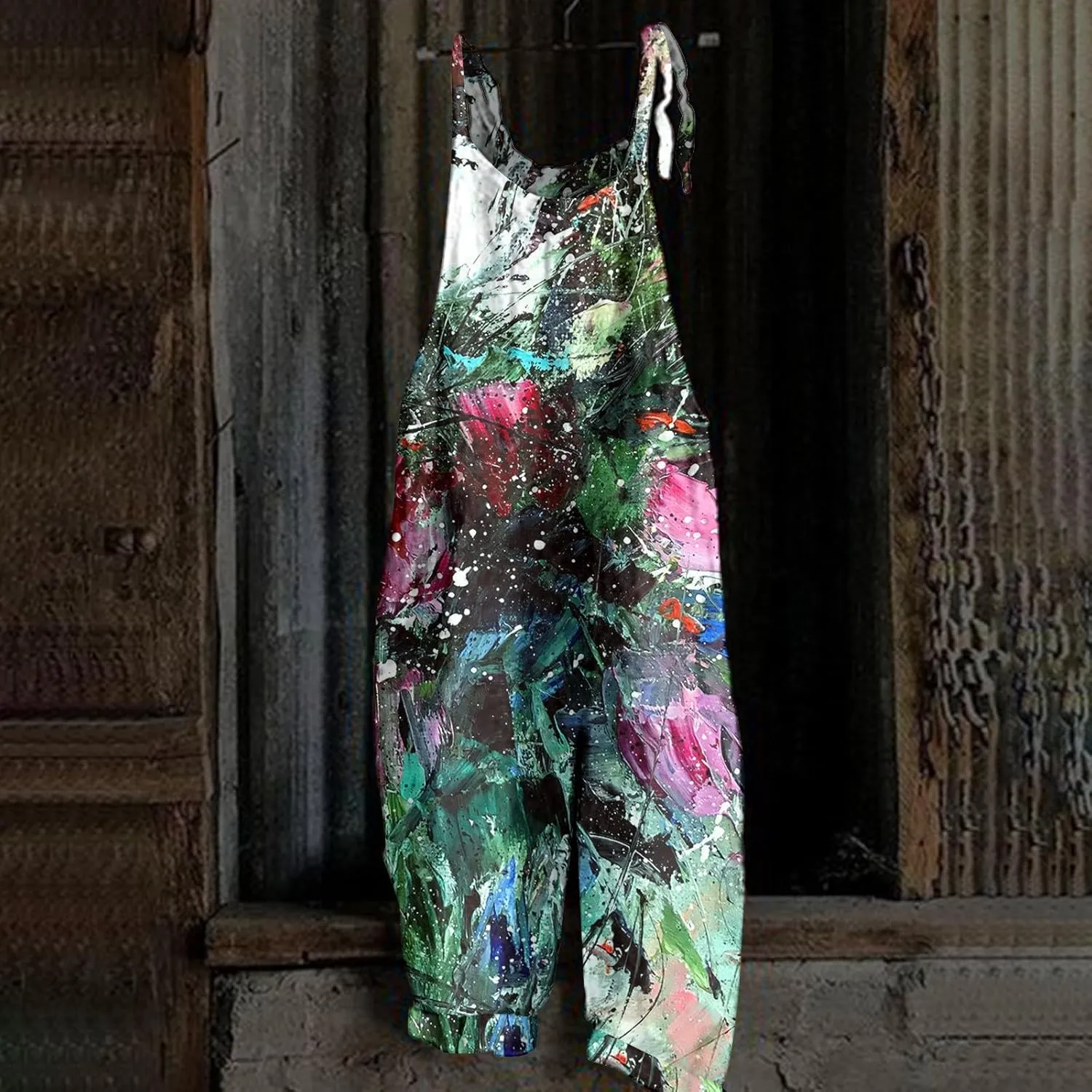 Overalls Women Summer Boho Floral Loose Wide Leg Jumpsuits with Pockets Patchwork Bib Overalls