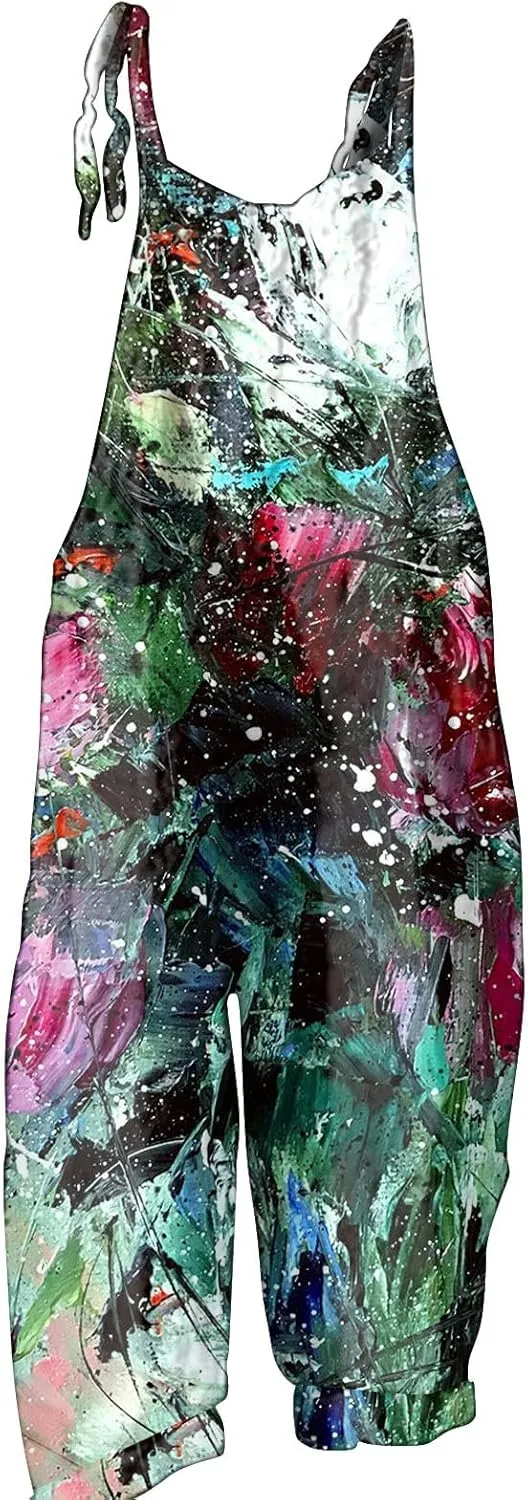 Overalls Women Summer Boho Floral Loose Wide Leg Jumpsuits with Pockets Patchwork Bib Overalls