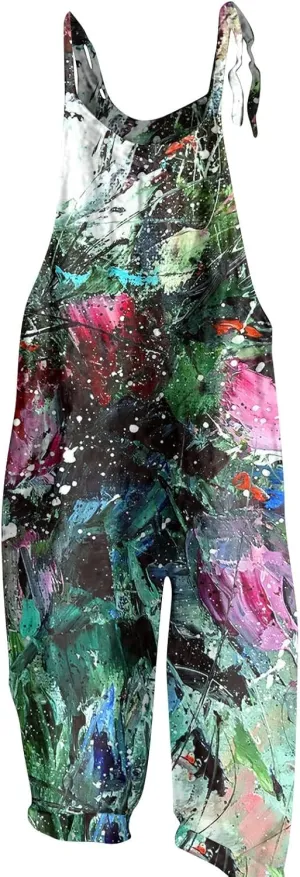 Overalls Women Summer Boho Floral Loose Wide Leg Jumpsuits with Pockets Patchwork Bib Overalls