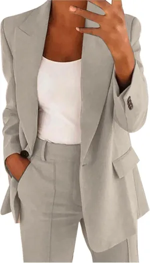 Oversized Blazer Sets Women 2 Piece Outfits Open Front Lapel Neck Button Business Casual Blazers Slim Wedding Trouser