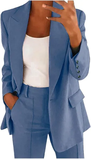 Oversized Blazer Sets Women 2 Piece Outfits Open Front Lapel Neck Button Business Casual Blazers Slim Wedding Trouser