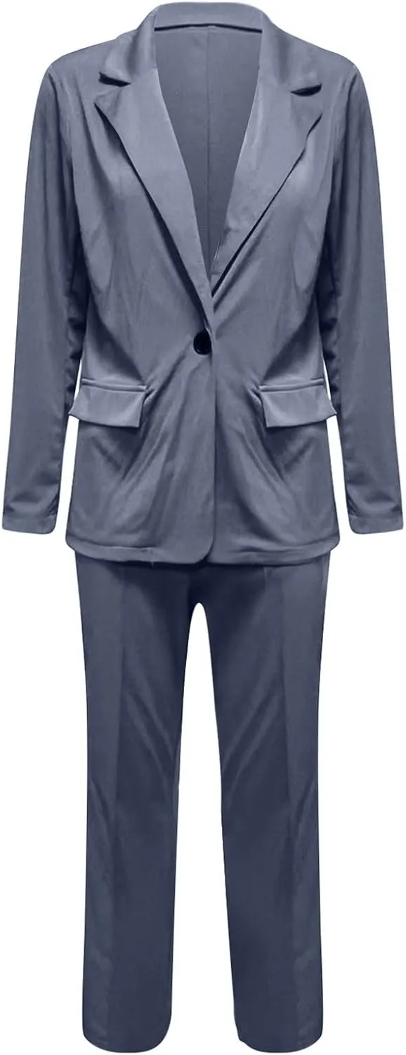 Oversized Blazer Sets Women 2 Piece Outfits Open Front Lapel Neck Button Business Casual Blazers Slim Wedding Trouser