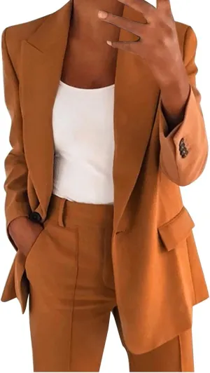 Oversized Blazer Sets Women 2 Piece Outfits Open Front Lapel Neck Button Business Casual Blazers Slim Wedding Trouser