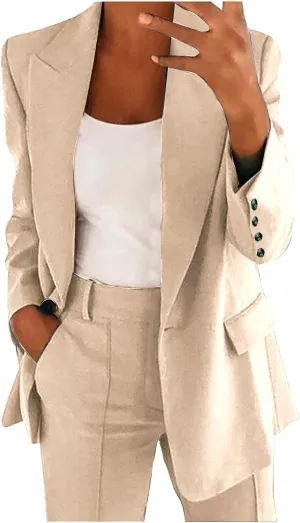 Oversized Blazer Sets Women 2 Piece Outfits Open Front Lapel Neck Button Business Casual Blazers Slim Wedding Trouser