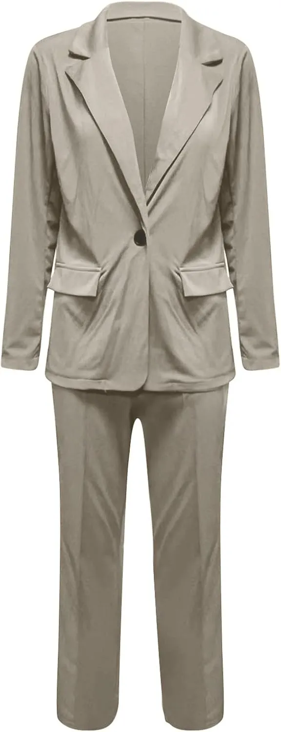 Oversized Blazer Sets Women 2 Piece Outfits Open Front Lapel Neck Button Business Casual Blazers Slim Wedding Trouser