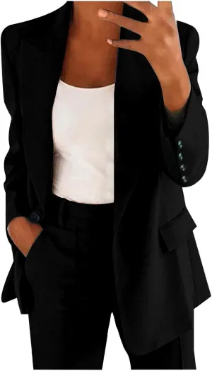Oversized Blazer Sets Women 2 Piece Outfits Open Front Lapel Neck Button Business Casual Blazers Slim Wedding Trouser