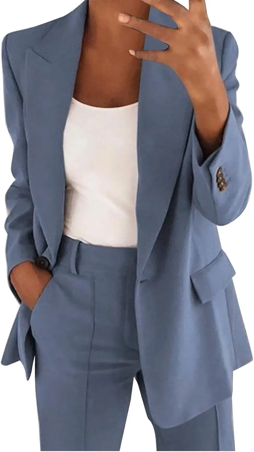 Oversized Blazer Sets Women 2 Piece Outfits Open Front Lapel Neck Button Business Casual Blazers Slim Wedding Trouser
