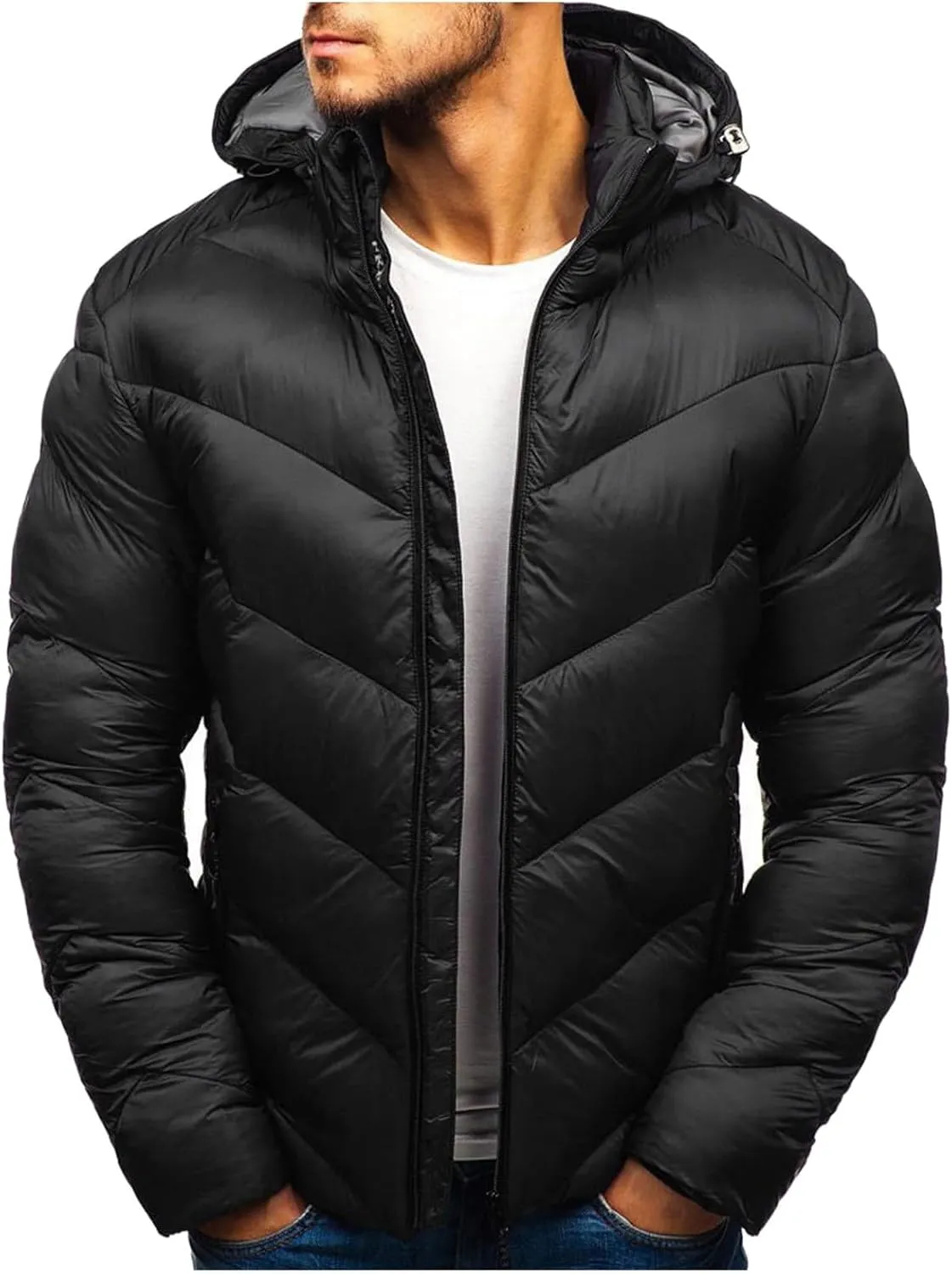 peqiut Winter Jacket For Men Full Zipper Warm Fall Winter Coats Cotton Padded Solid Color Hooded Jacket Comfort