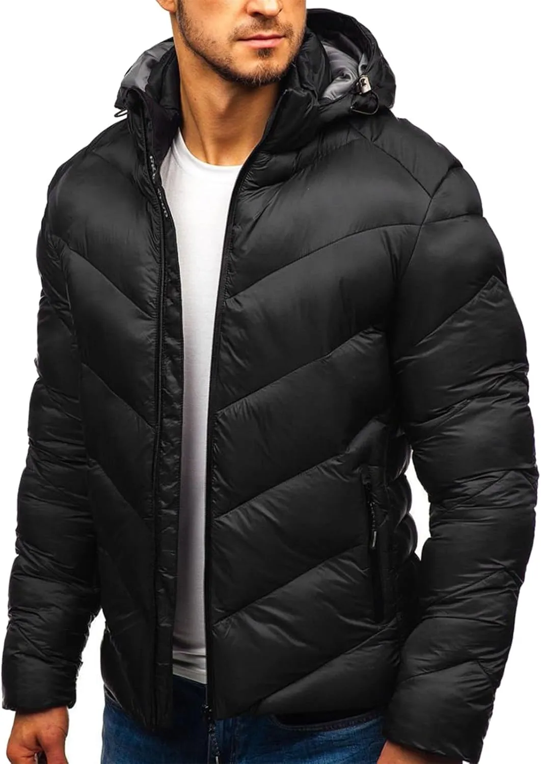 peqiut Winter Jacket For Men Full Zipper Warm Fall Winter Coats Cotton Padded Solid Color Hooded Jacket Comfort