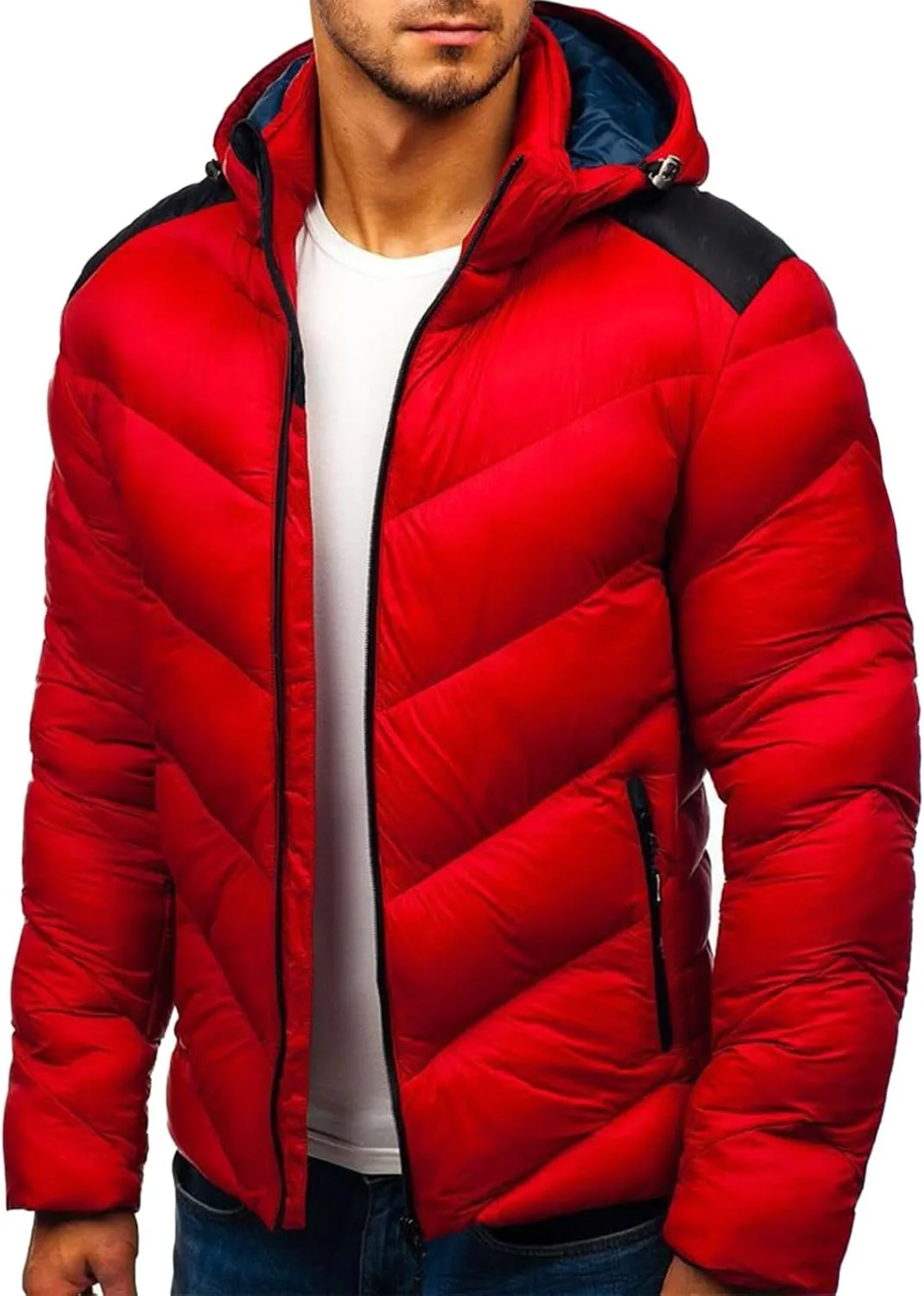 peqiut Winter Jacket For Men Full Zipper Warm Fall Winter Coats Cotton Padded Solid Color Hooded Jacket Comfort