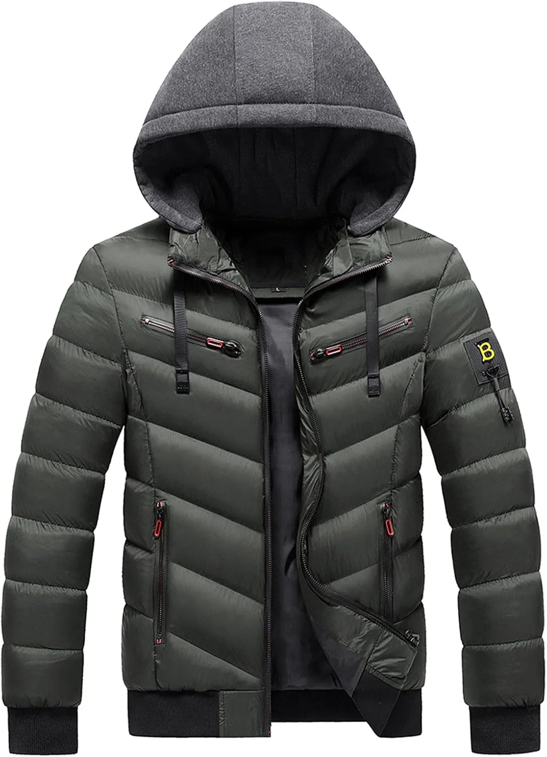 peqiut Winter Jacket For Men Warm Fall Winter Coats Cotton Padded Solid Color Long Sleeved Hooded Jacket Comfort