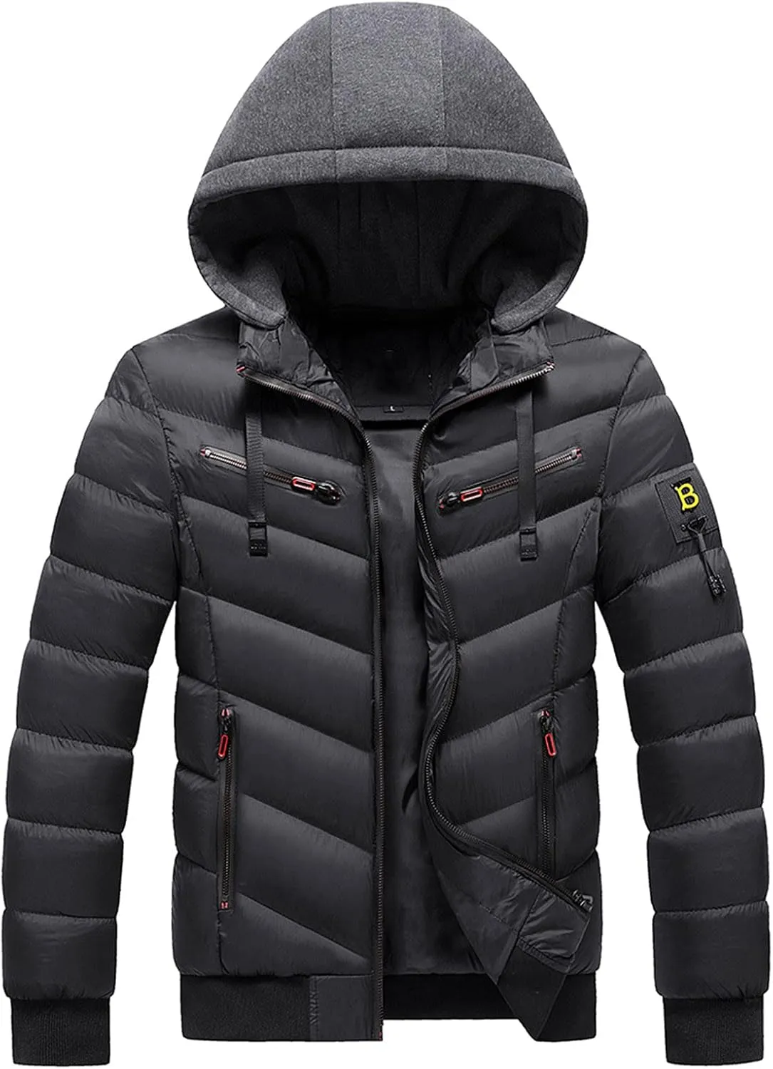 peqiut Winter Jacket For Men Warm Fall Winter Coats Cotton Padded Solid Color Long Sleeved Hooded Jacket Comfort